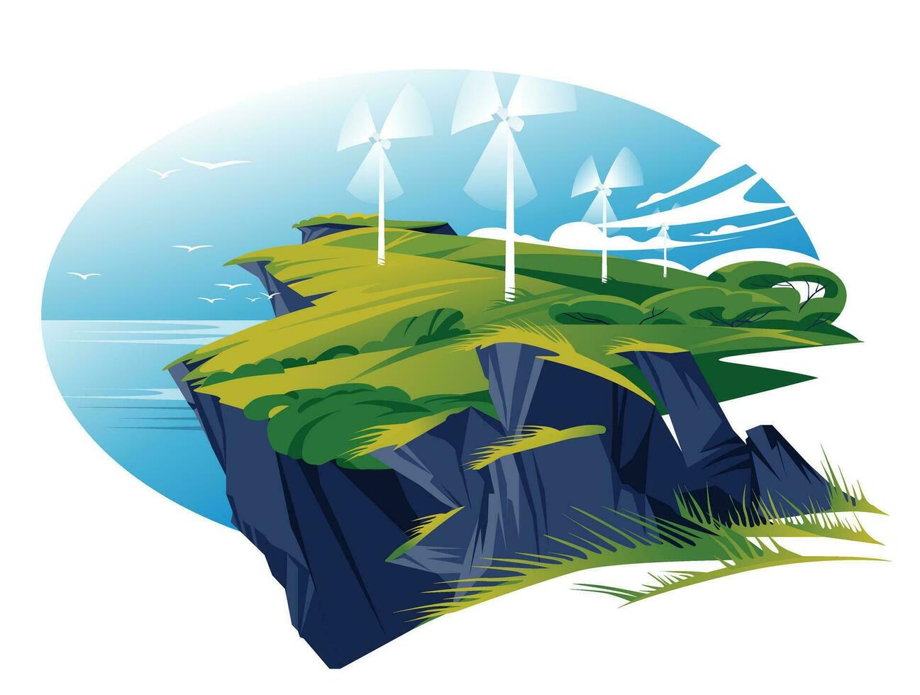 Electric windmills on a green sea cliff. Vector flat illustration. The concept of sustainable energy development