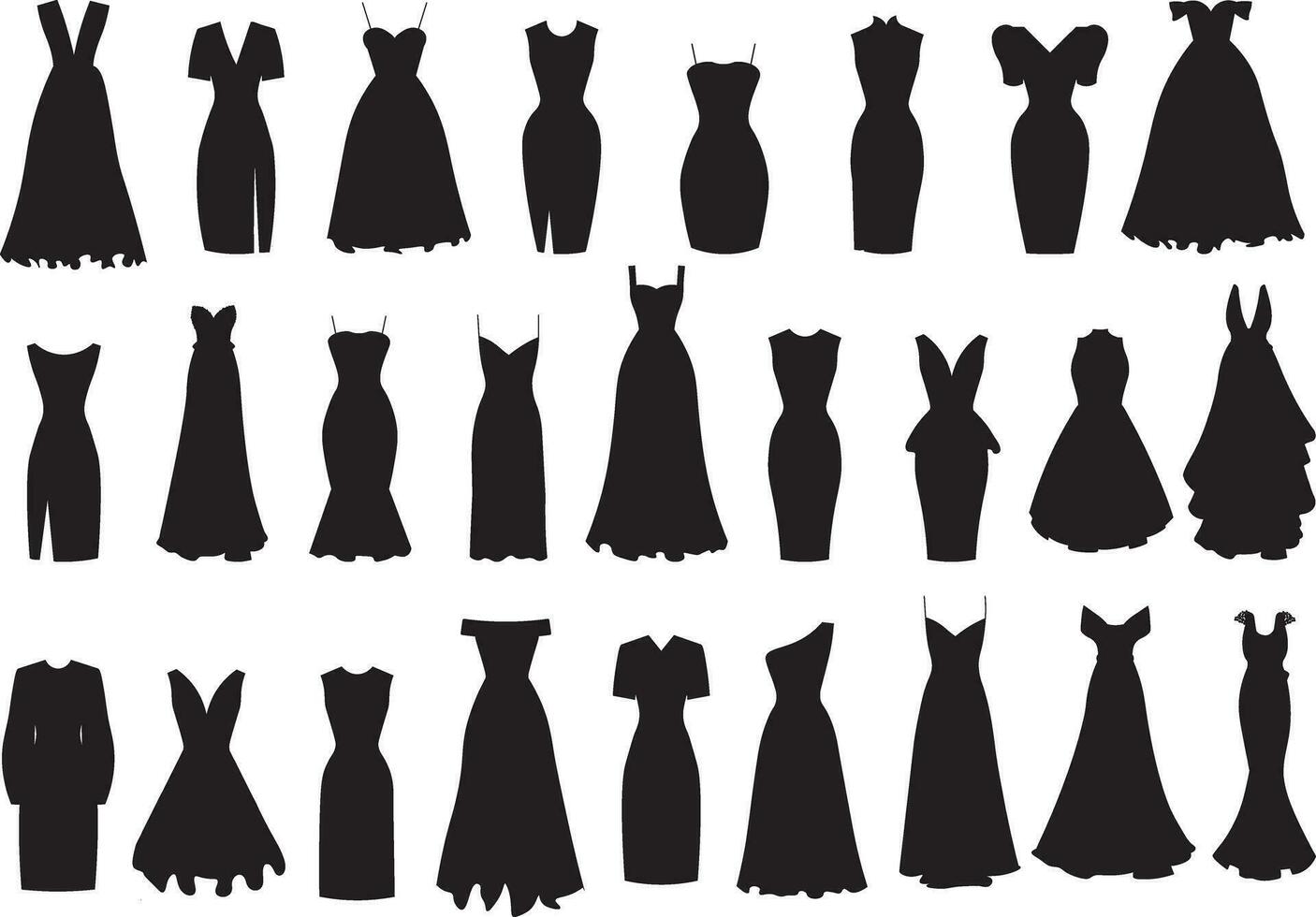 Set of evening and cocktail dresses . Collection woman clothing. Silhouette apparel. Vector illustration
