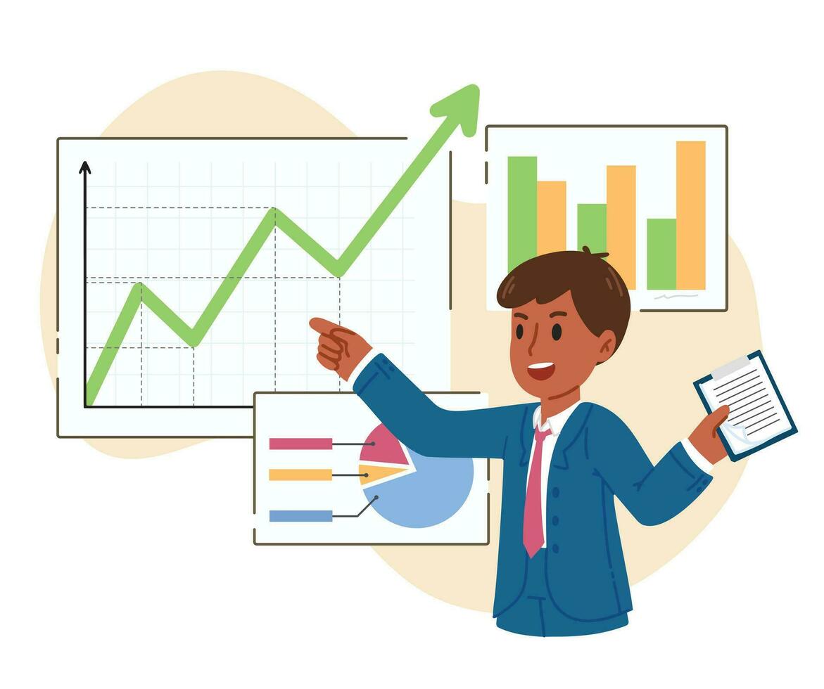 Male office worker pointing at graph and chart on whiteboard during meeting. Young man showing business data analysis, financial report on presentation. Isolated flat graphic vector illustration