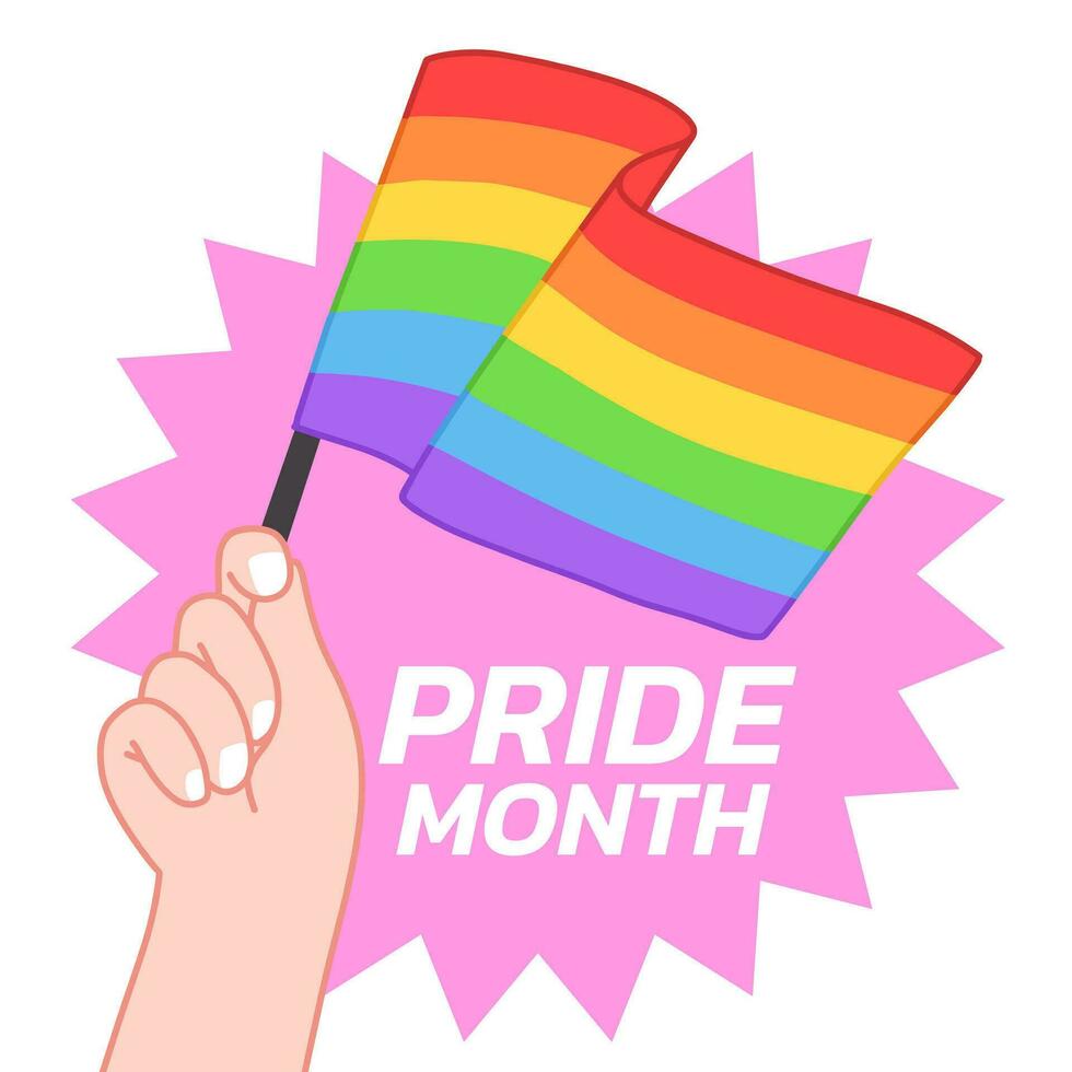 Hand hold rainbow lgbtq flag and celebrate pride month, week or day vector. LGBTQIA support concept illustration isolated on whit background. vector