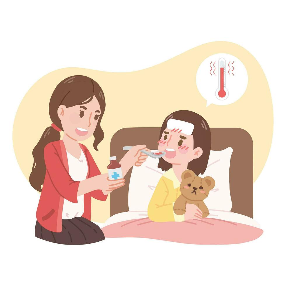 mamá alimentación tos jarabe a enfermo hija, alto fiebre niño tomando medicamento, gripe y enfermedad tratamiento, niña descansando a recuperar en cama con enfriamiento fiebre parche en frente. vector ilustración aislado