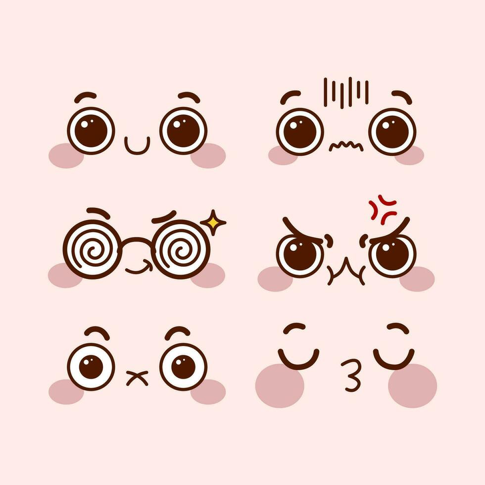 Set of cute kawaii emoticons with different expressions. Kawaii emoji, Vector illustration