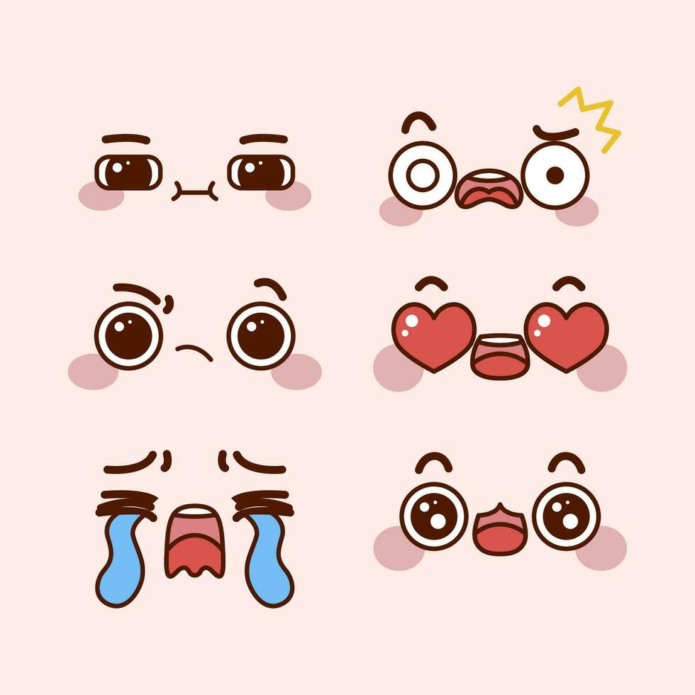 Set of cute kawaii emoticons with different expressions. Kawaii emoji, Vector illustration