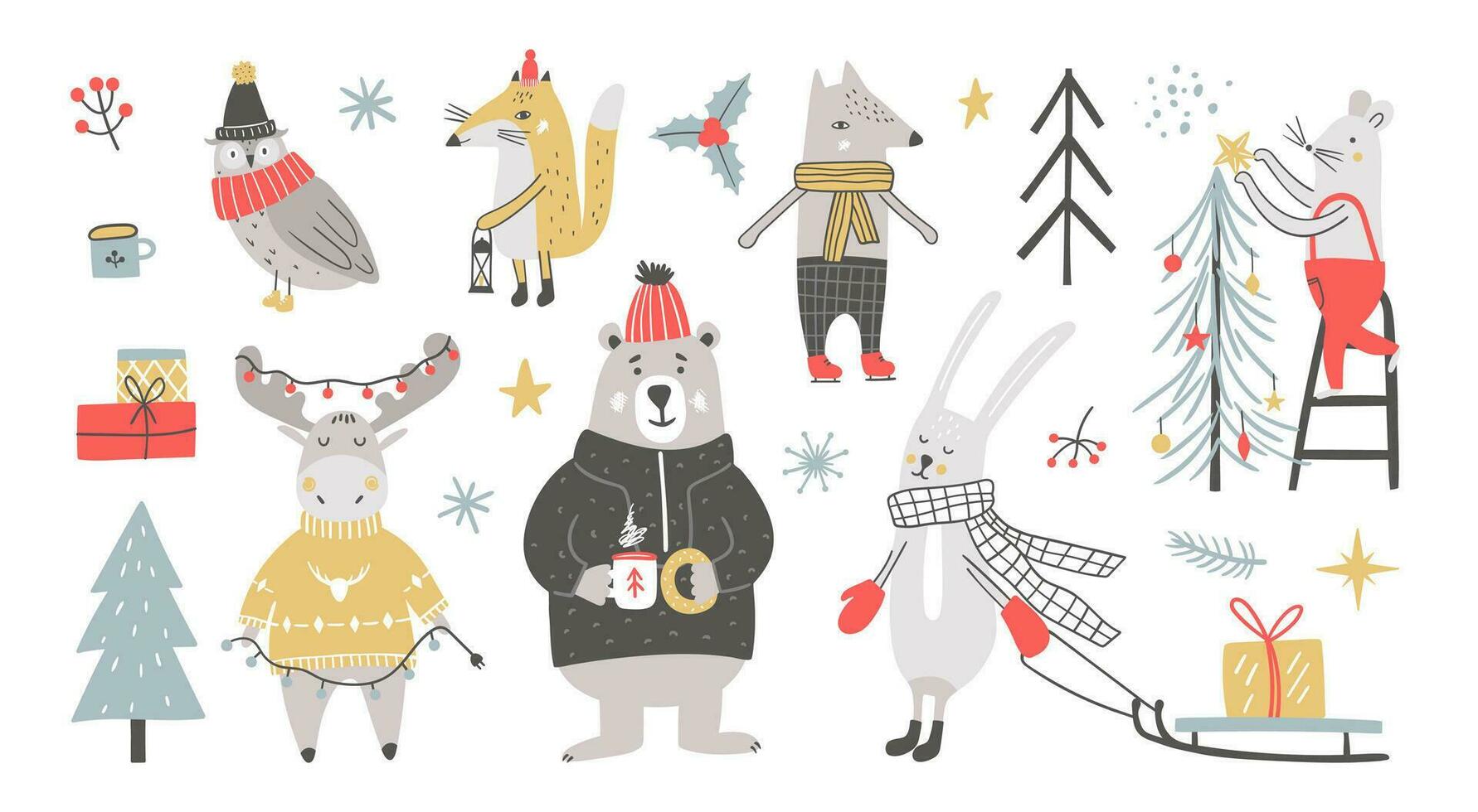 Christmas set, hand drawn style animals and decorative elements. Cute winter characters vector