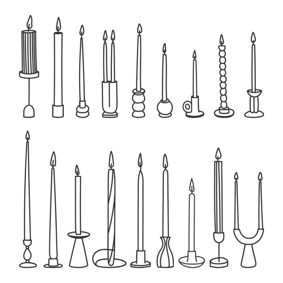 Different shapes doodle candles set. Simple hand drawn decorative elements vector