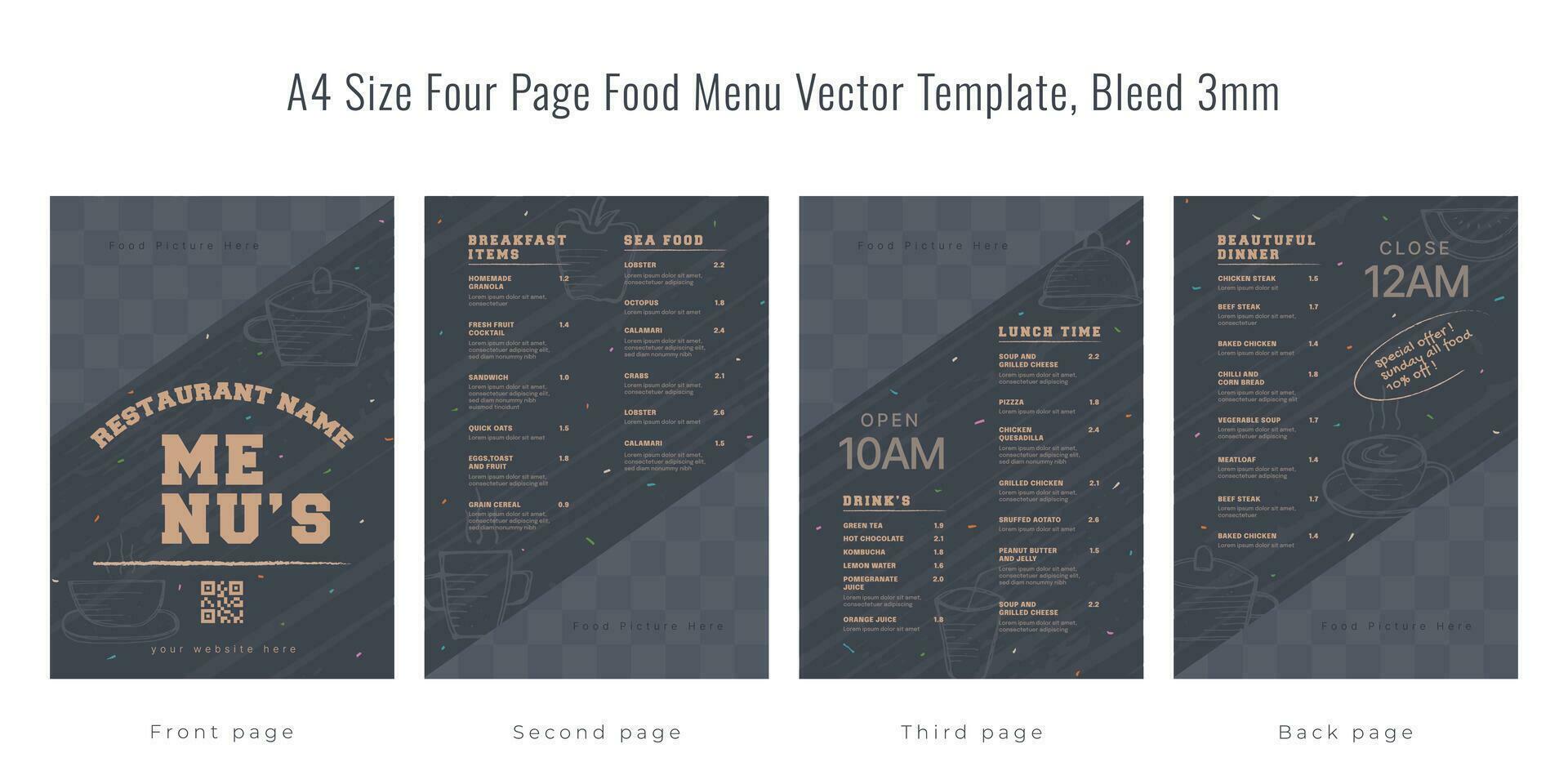 Restaurant cafe menu template design A4 size four page food menu Restaurant cafe menu template design A4 size four page food menu