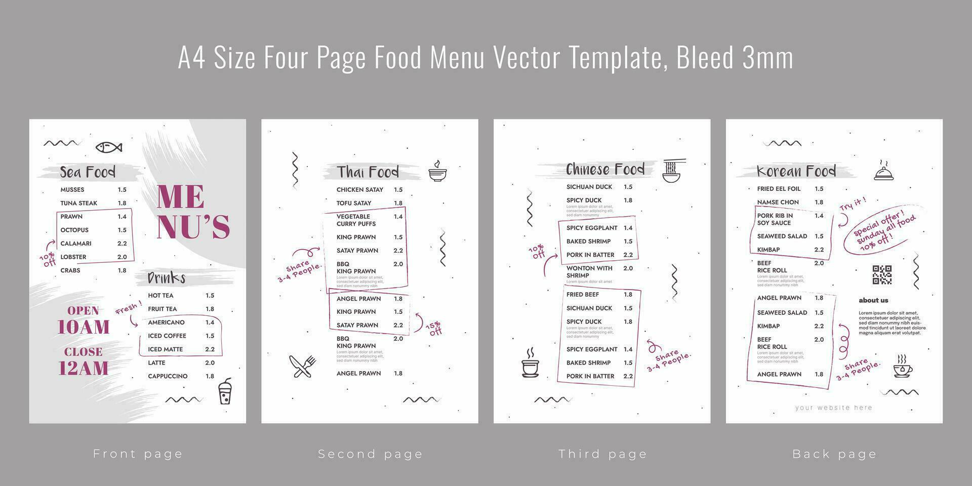 Restaurant cafe menu, template design, A4 size four page food menu template, Bleed 3mm vector