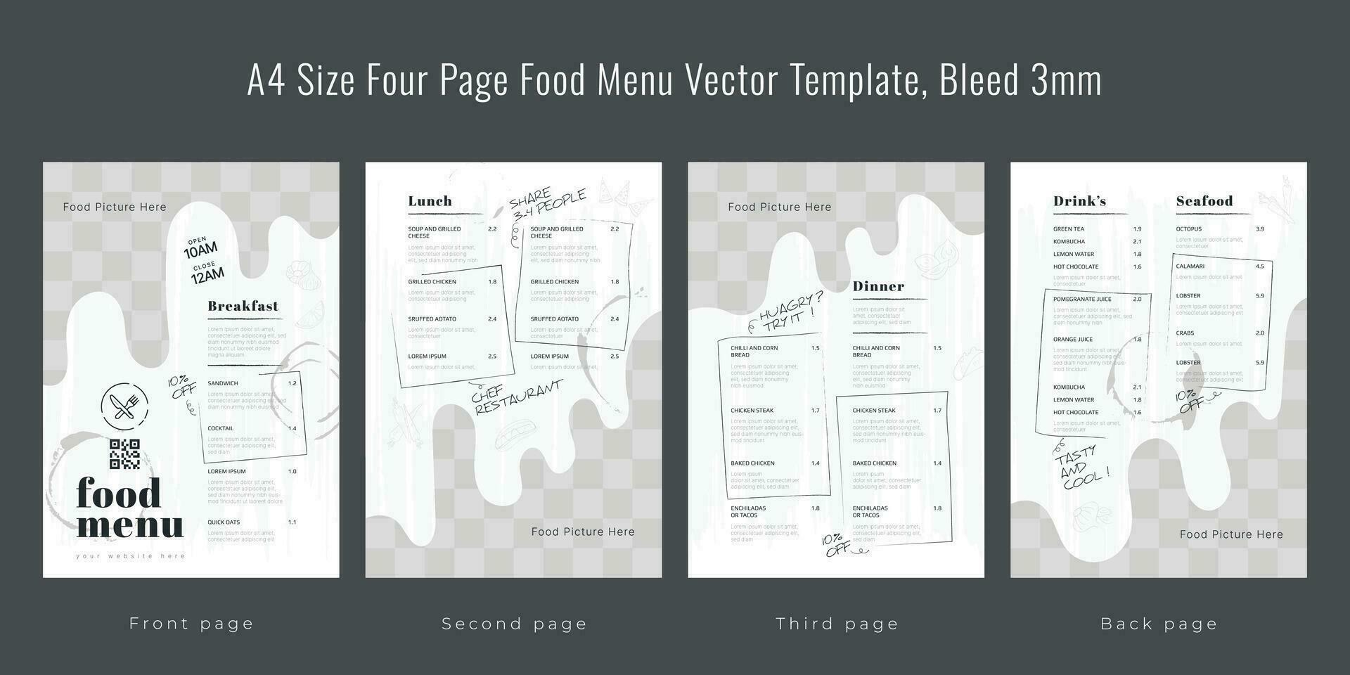 Restaurant cafe menu, template design, A4 size four page food menu template, Bleed 3mm vector