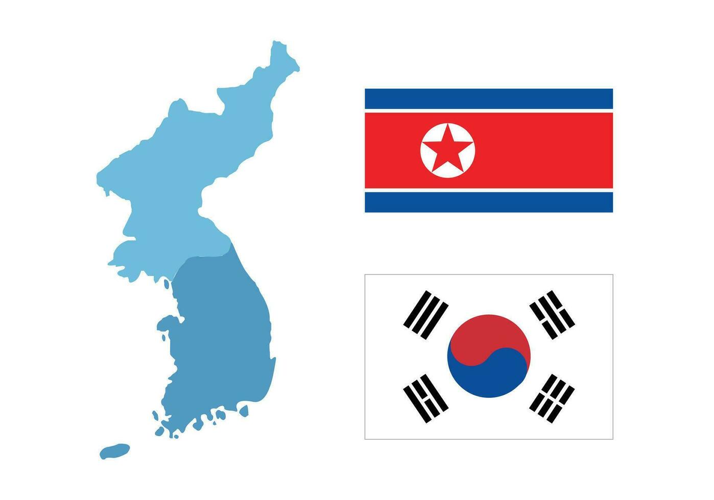 North korea and South korea country map and flag, vector illustration.