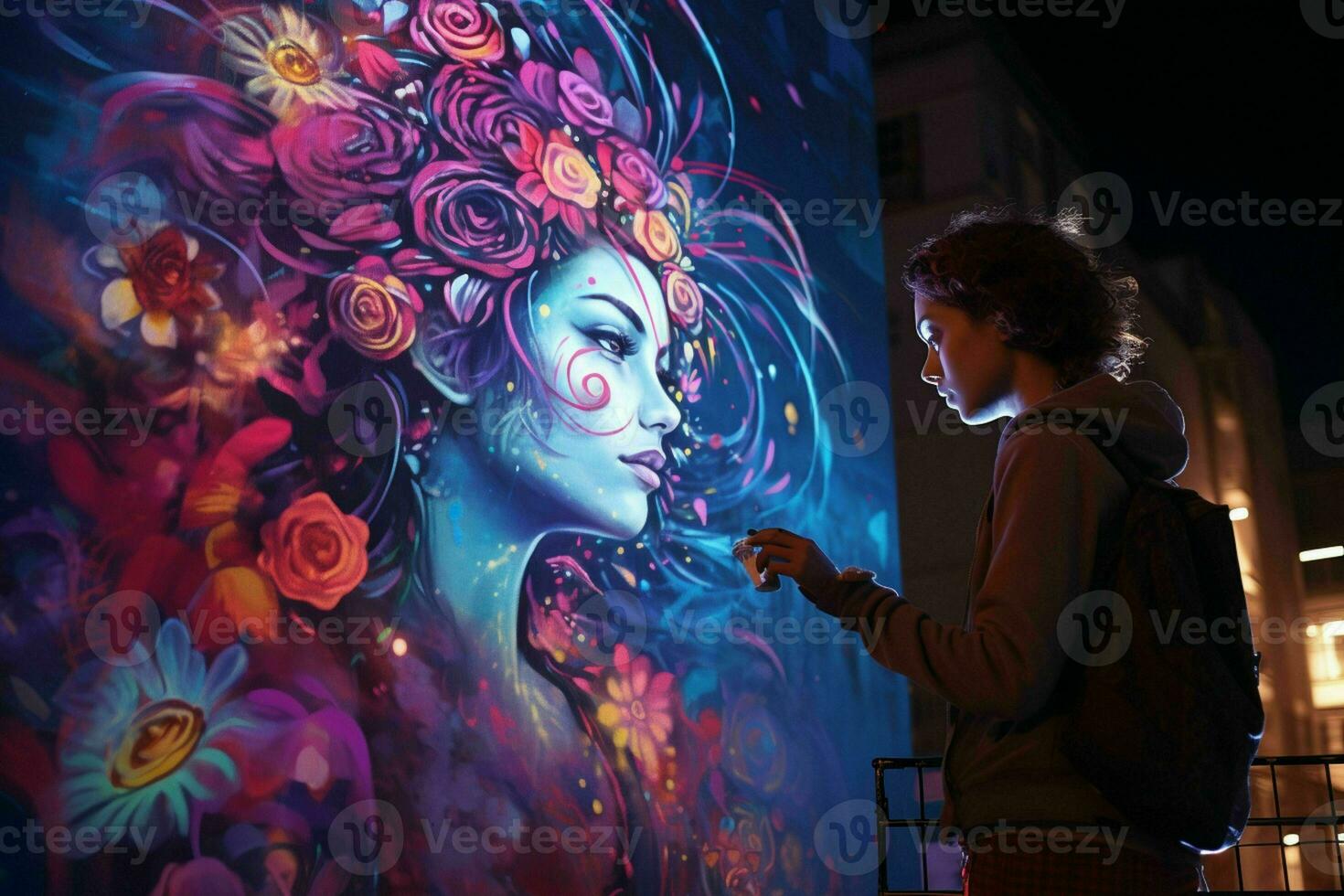 AI generated A street artist creating vibrant murals on city photo