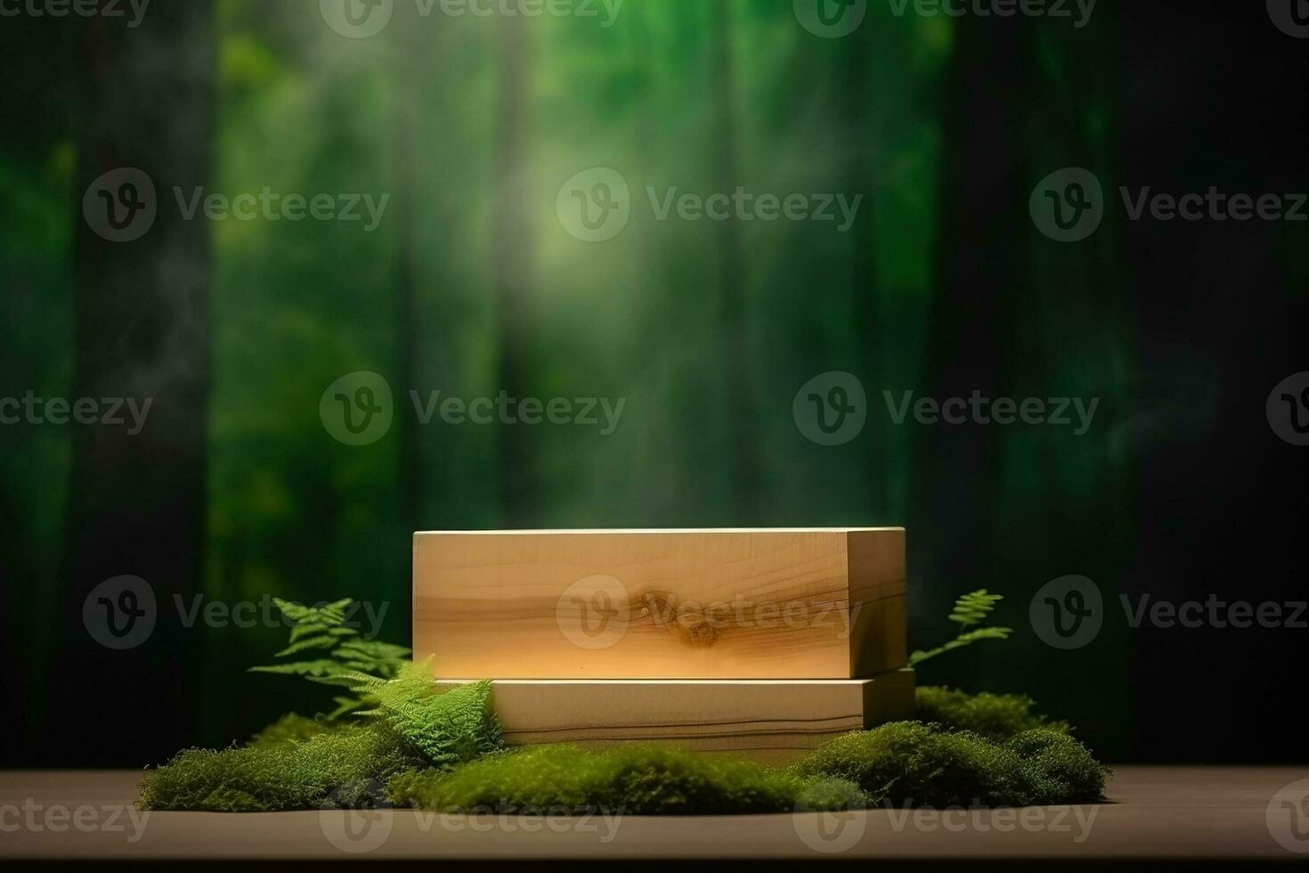 AI generated Wooden pedestal display platform for product placement nature background 3d rendering. Ai generated photo