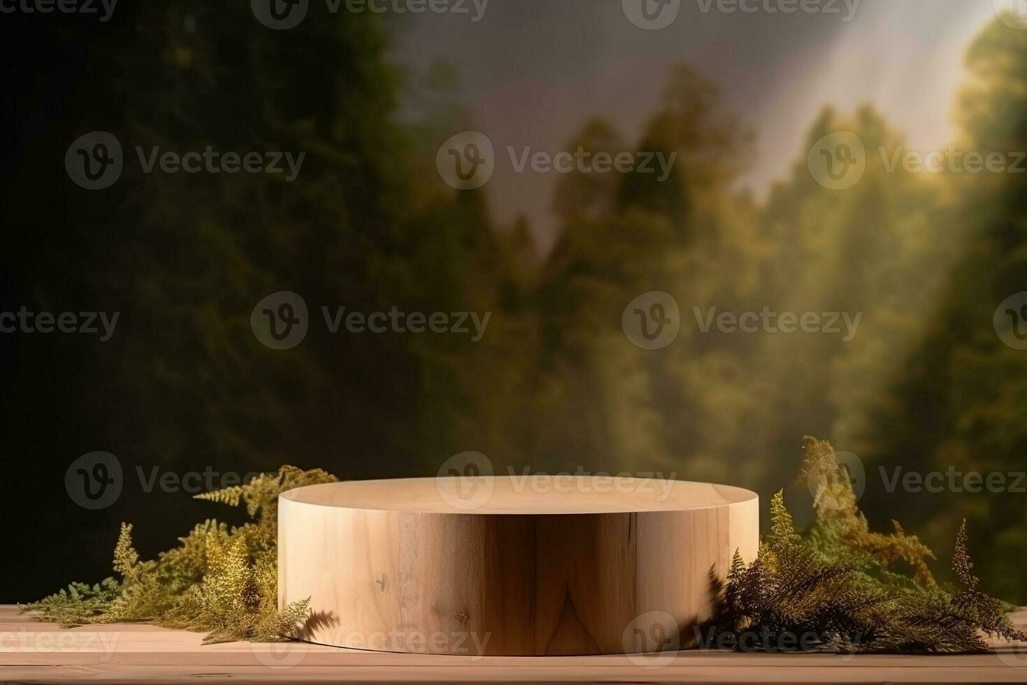 AI generated Wooden podium product display nature background. Template with product placement.  Ai generated photo