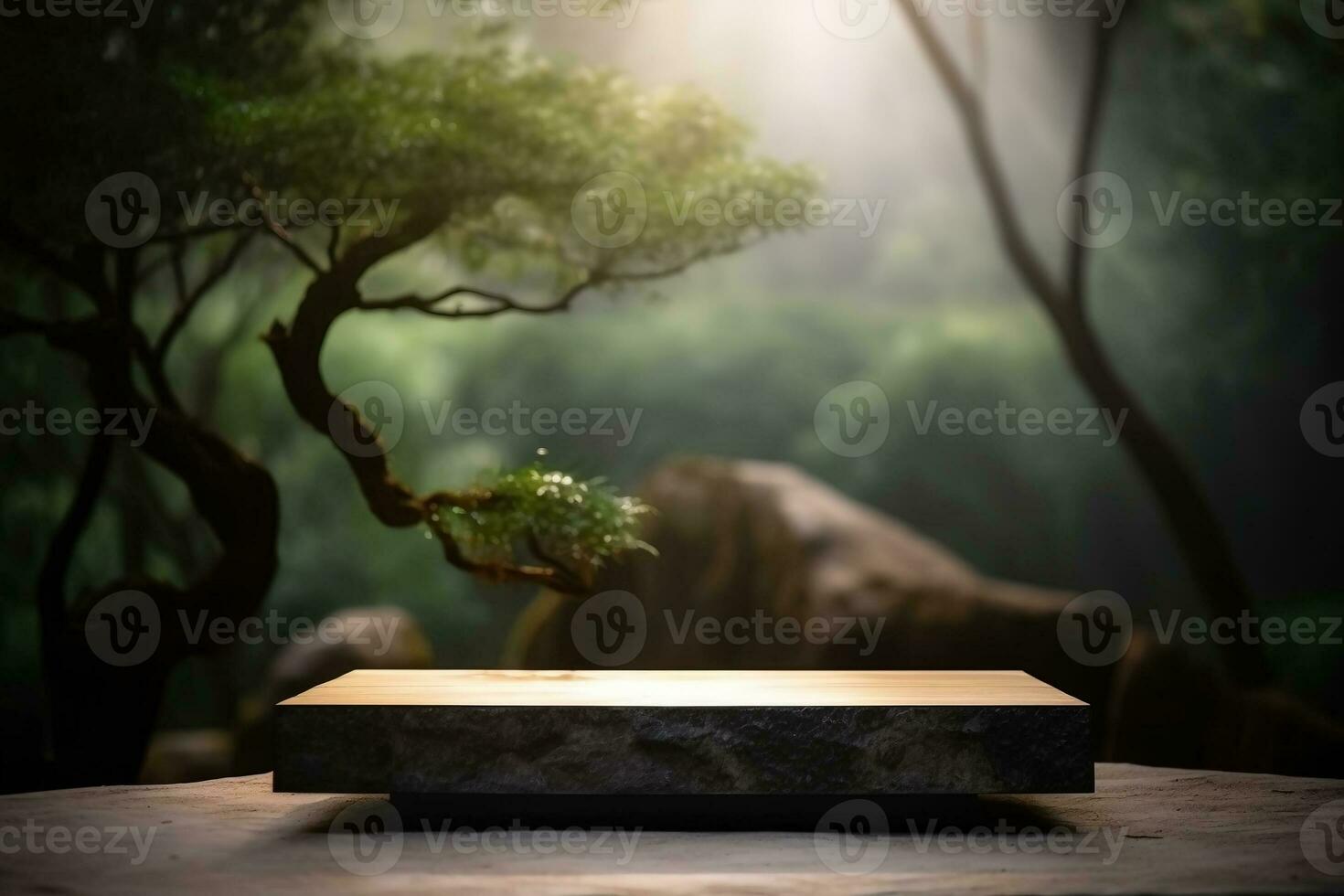 AI generated Wooden pedestal display platform for product placement nature background 3d rendering. Ai generated photo