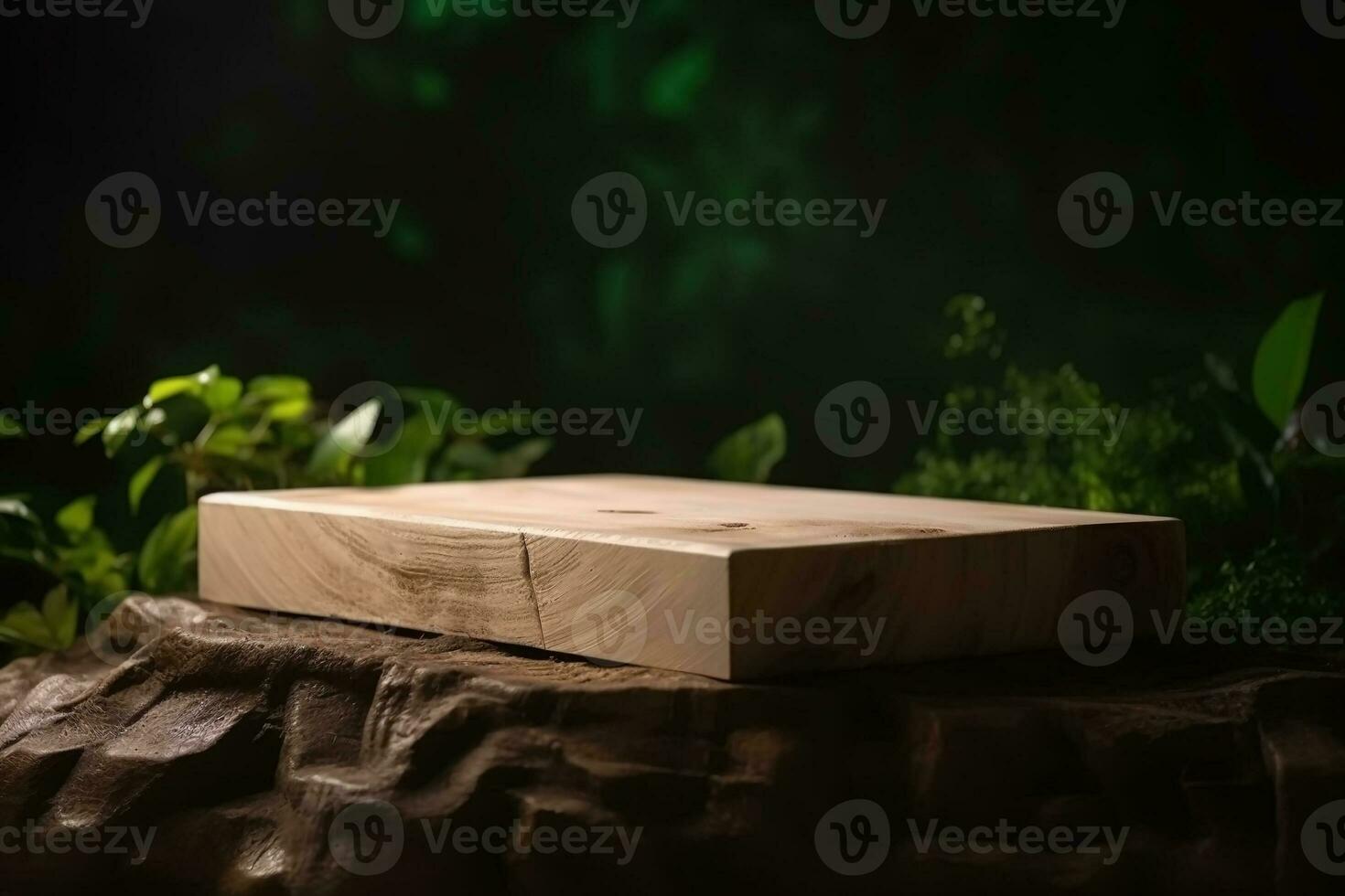 AI generated Wooden podium product display nature background. Template with product placement.  Ai generated photo