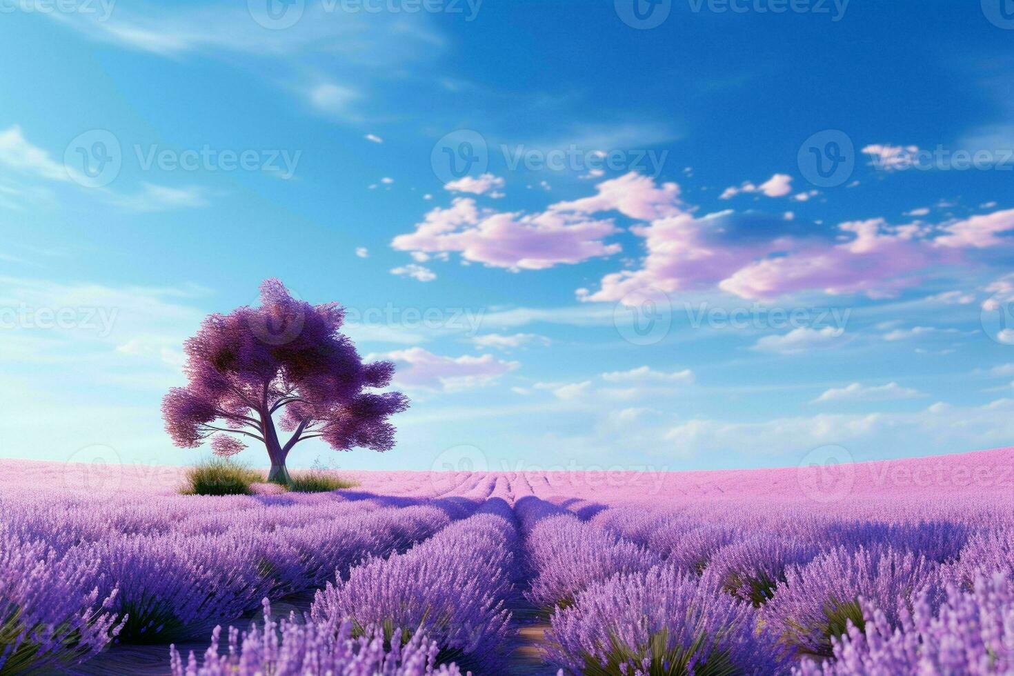 AI generated A summer day in a lavender field with trees photo