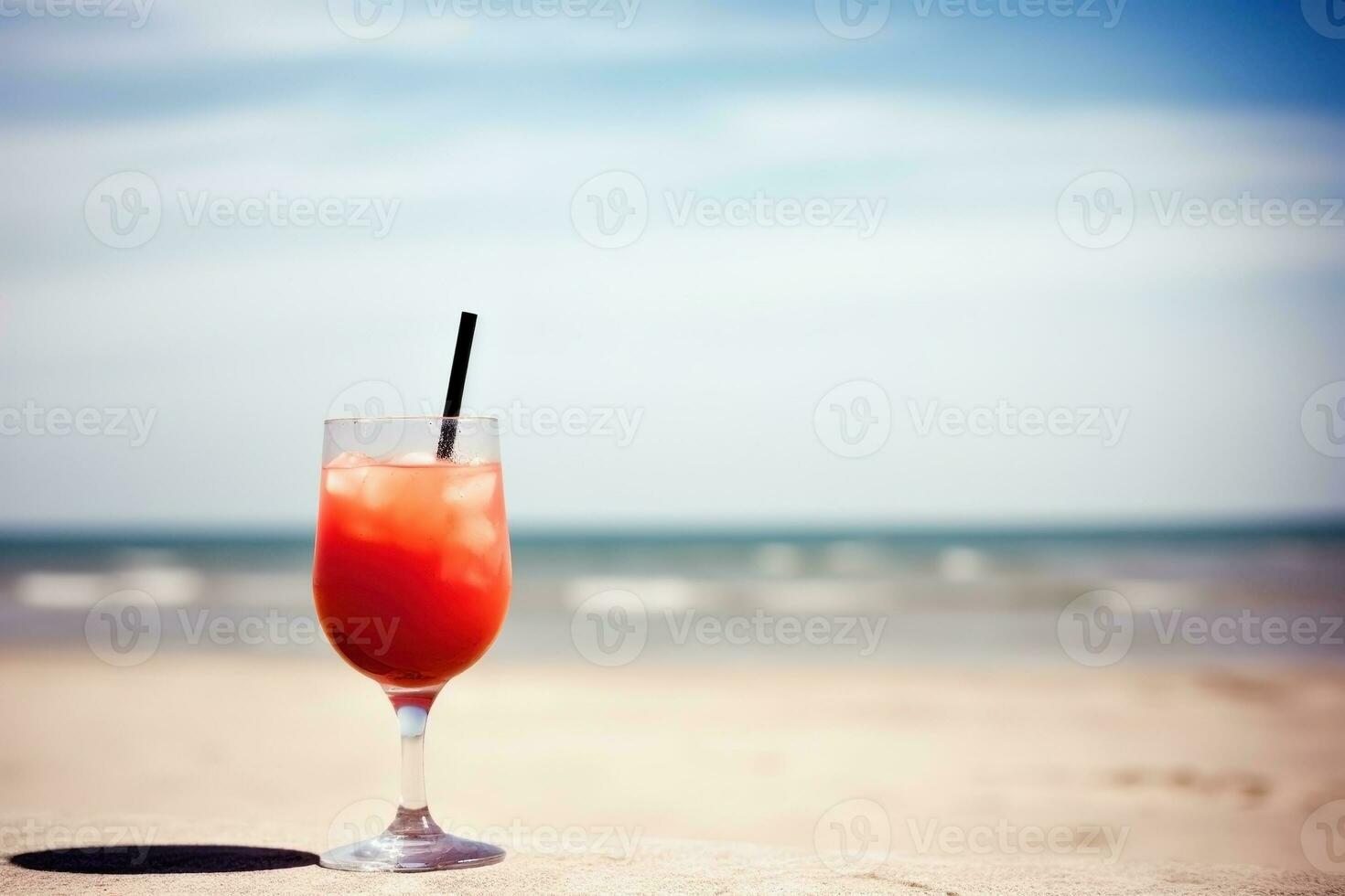 AI generated Fresh juice cocktail on the beach. Vacation background. Ai generated photo