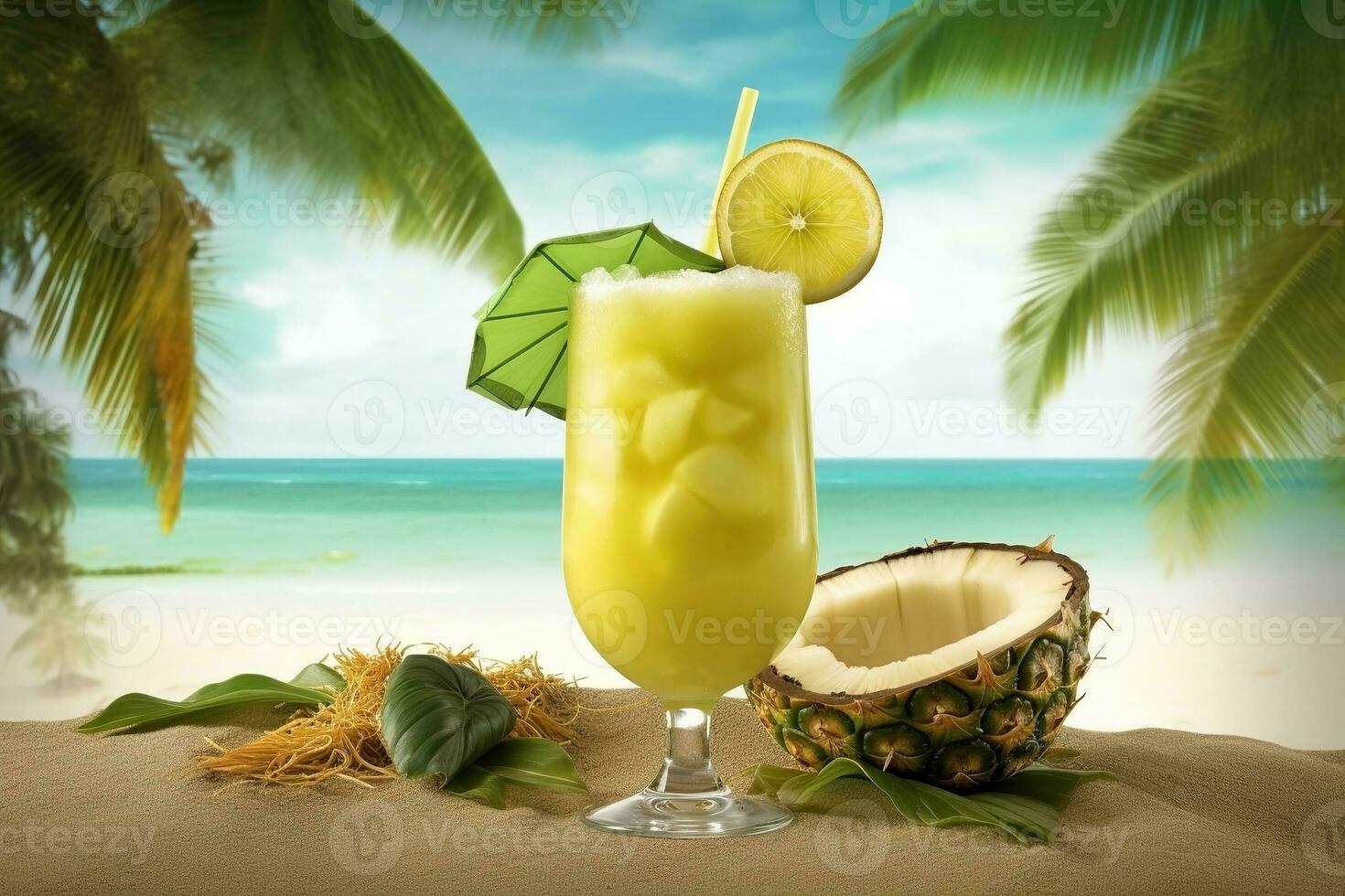 AI generated Summer tropical beach background with fresh juice cocktail and fruits. Ai generated photo