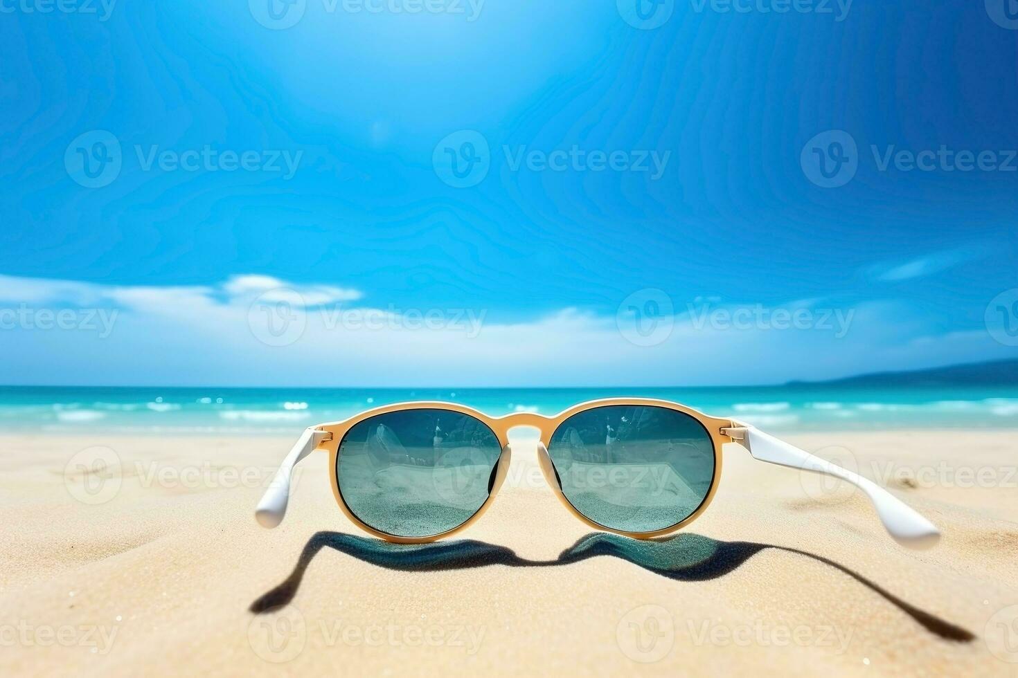 AI generated Sunglasses and beach landscape, summer vacation background. Ai generated photo