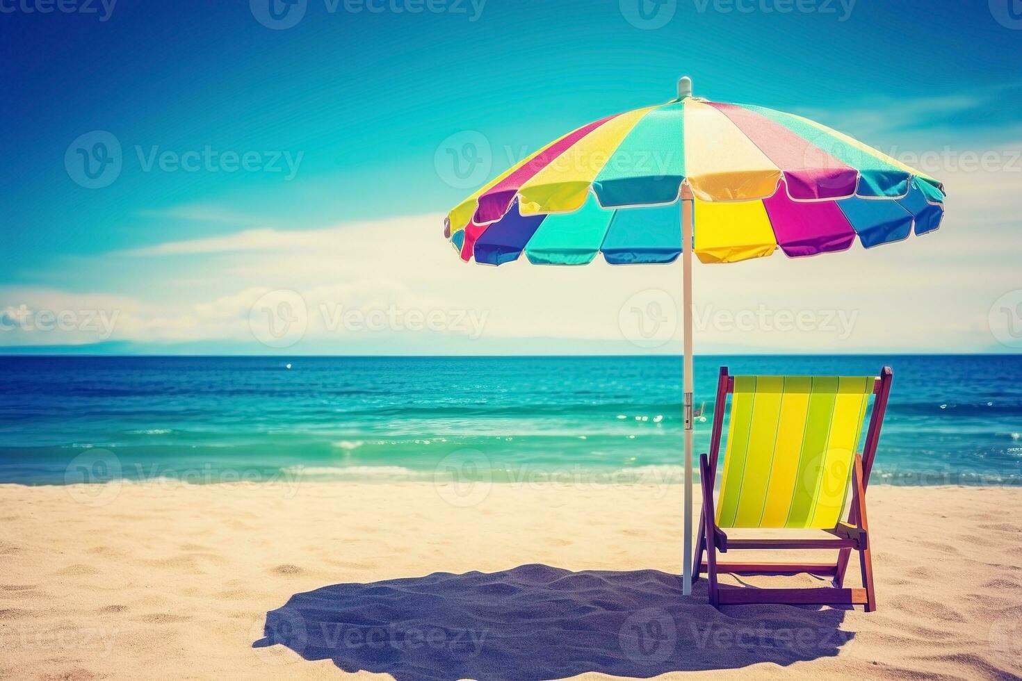 AI generated Sun lounger with umbrella on the beach, summer vacation background. Ai generated photo