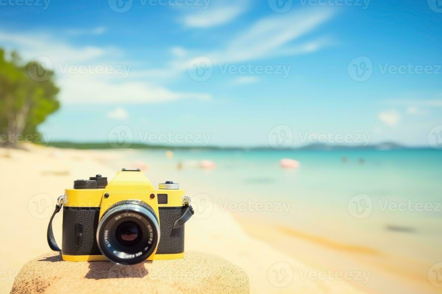 ai generado cámara con playa paisaje. verano vacaciones antecedentes. ai generado foto