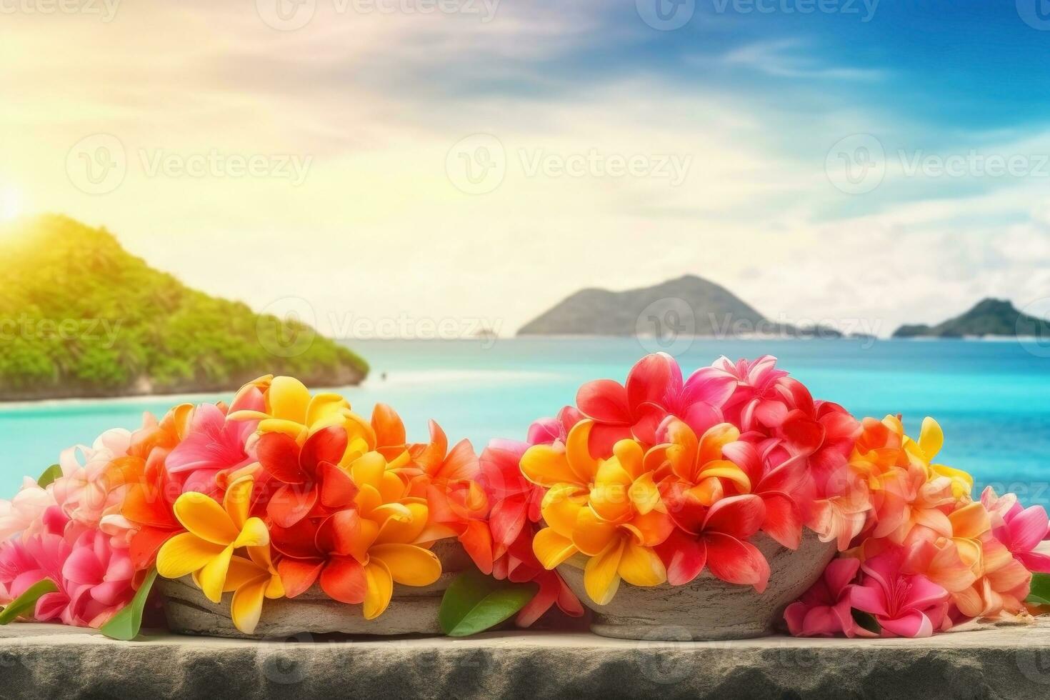 AI generated Tropical flowers and the beach landscape. Summer background. Ai generated photo