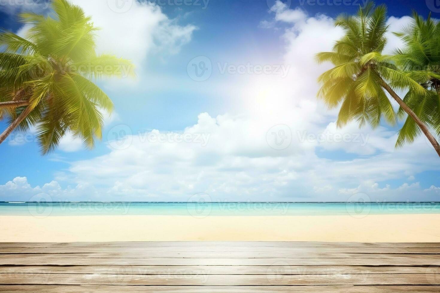 AI generated Top of wood table with seascape. Vacation background. Ai generated photo