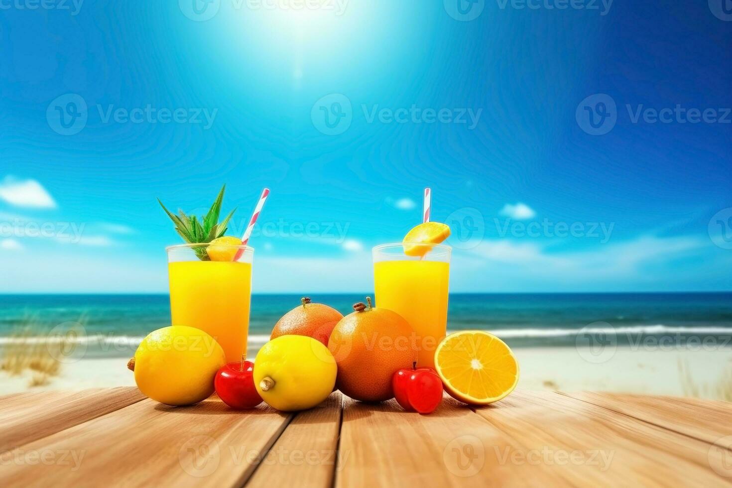 AI generated Refreshing orange cocktails on beach table. Vacation background. Ai generated photo