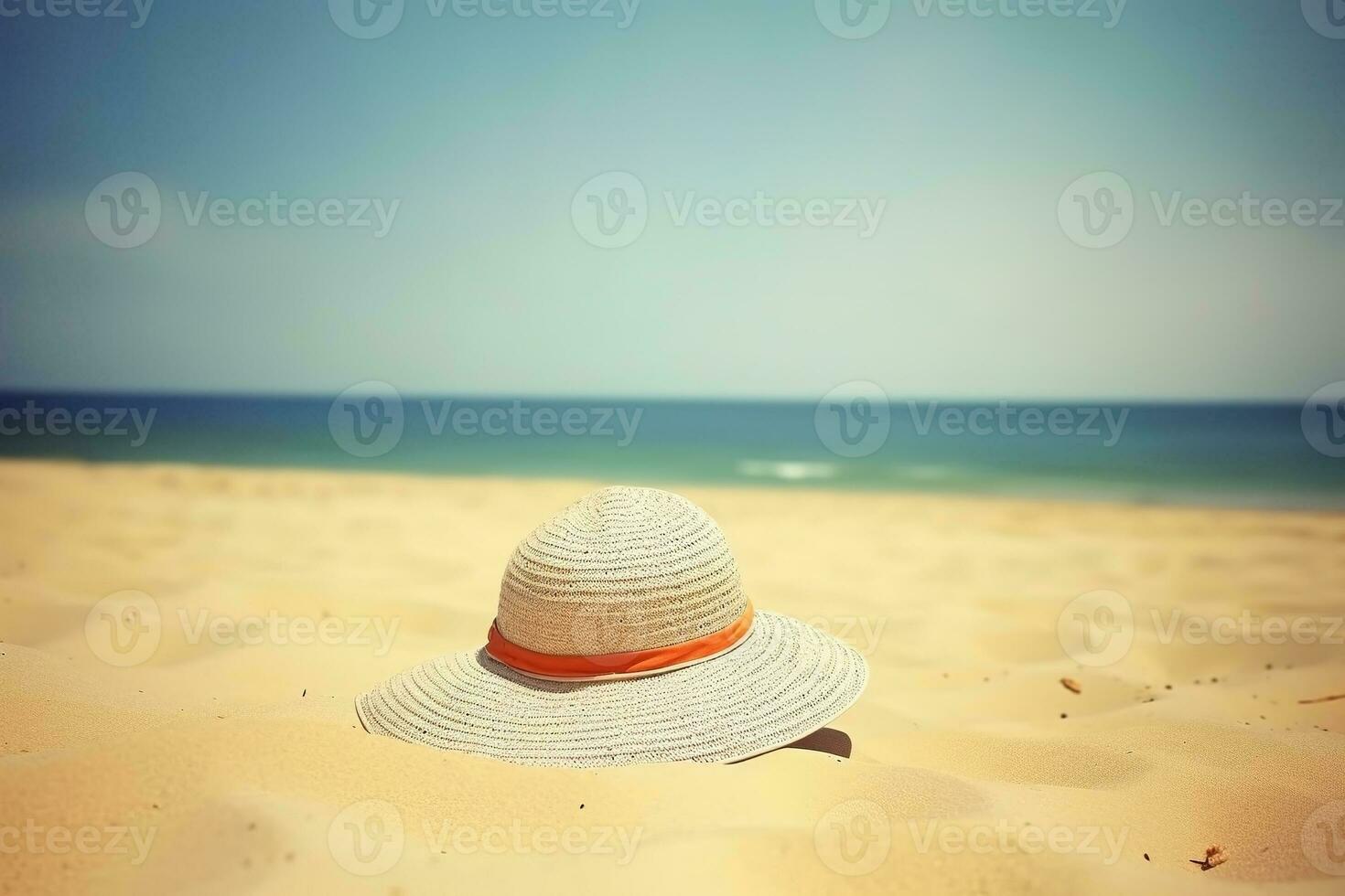 AI generated Straw hat on the beach close-up, summer background. Ai generated photo