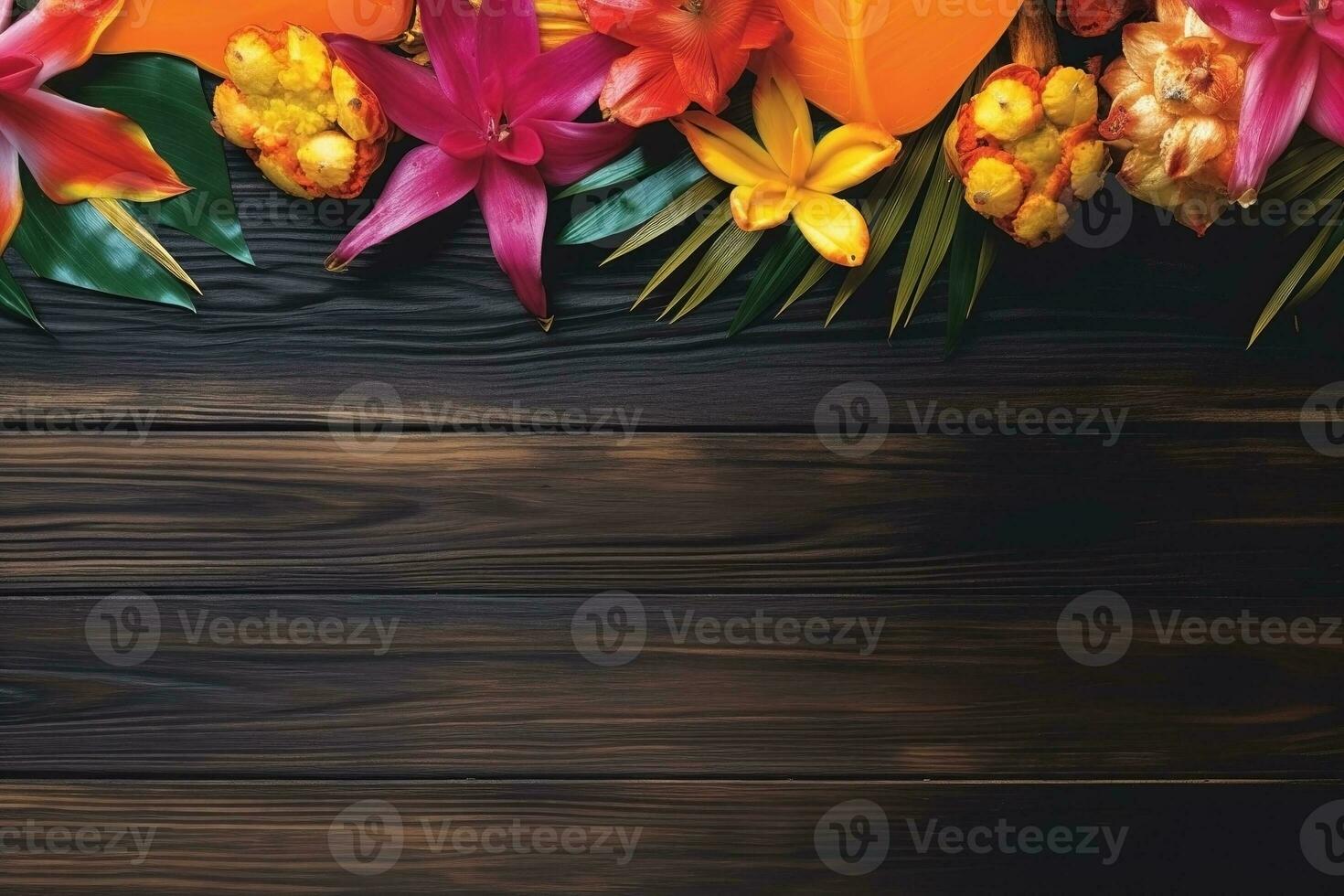 AI generated Tropical flowers with space on wood summer background. Ai generated photo