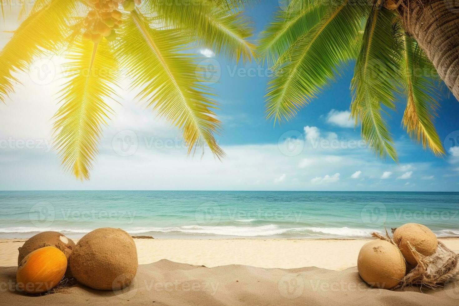 AI generated Beach landscape with palms and coconuts. Summer tropical background. Ai generated photo
