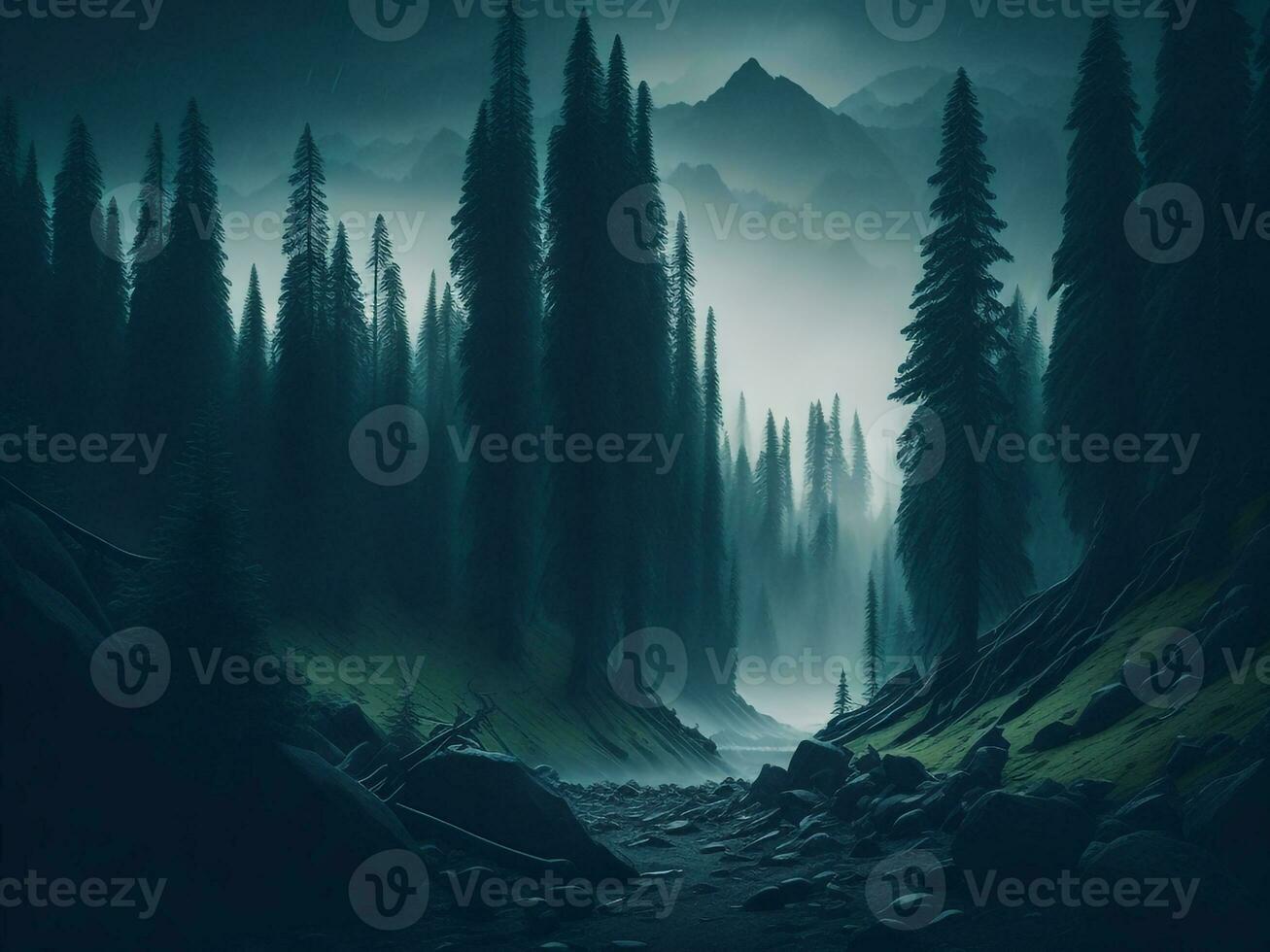 AI generated Misty landscape with fir forest in hipster vintage retro style photo