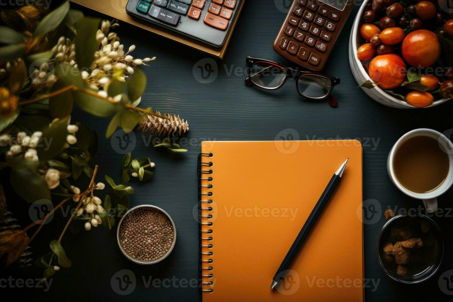 AI Generated Top view Office desk with office tools, computer laptop on wood table background with copy space. Generative AI photo