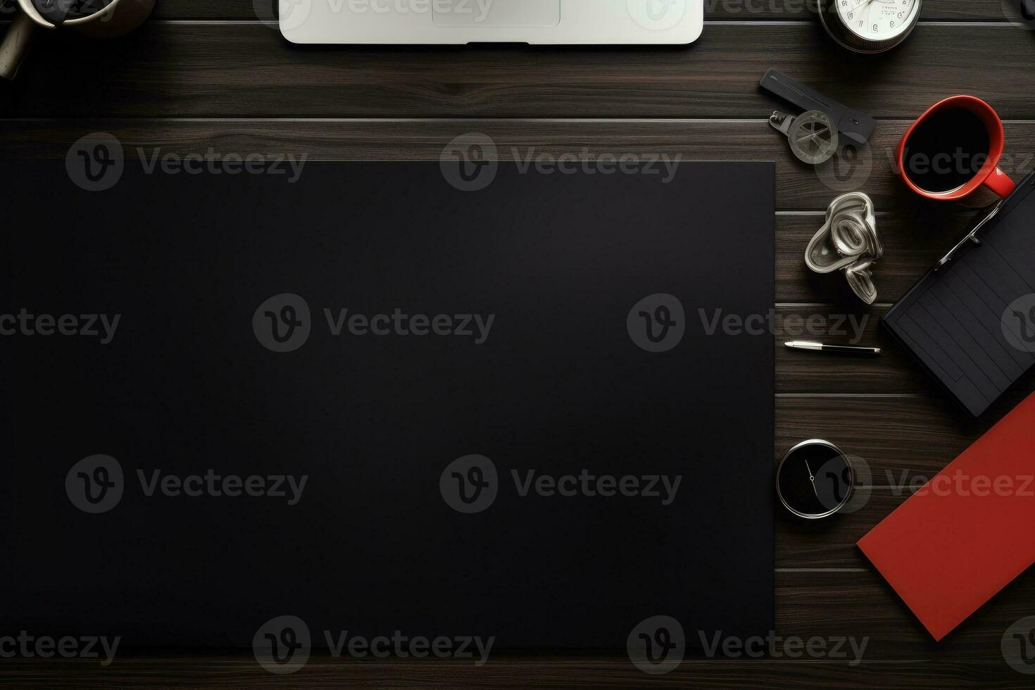 AI Generated Top view Office desk with office tools, computer laptop on wood table background with copy space. Generative AI photo