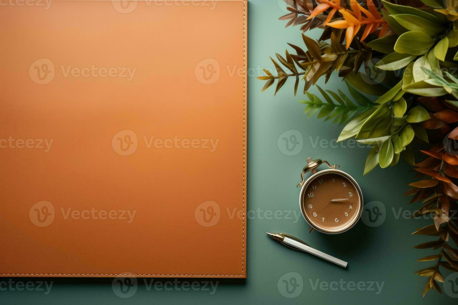 AI Generated Top view Office desk with office tools, computer laptop on wood table background with copy space. Generative AI photo