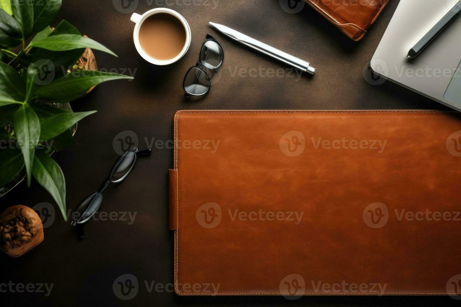 AI Generated Top view Office desk with office tools, computer laptop on wood table background with copy space. Generative AI photo