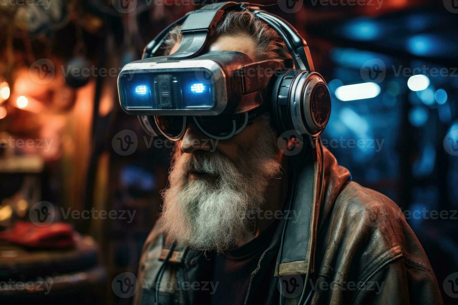 ai generado un antiguo hombre vistiendo vr auriculares usuario, surrealista mundo y virtual realidad, vistoso flores campos. generativo ai foto