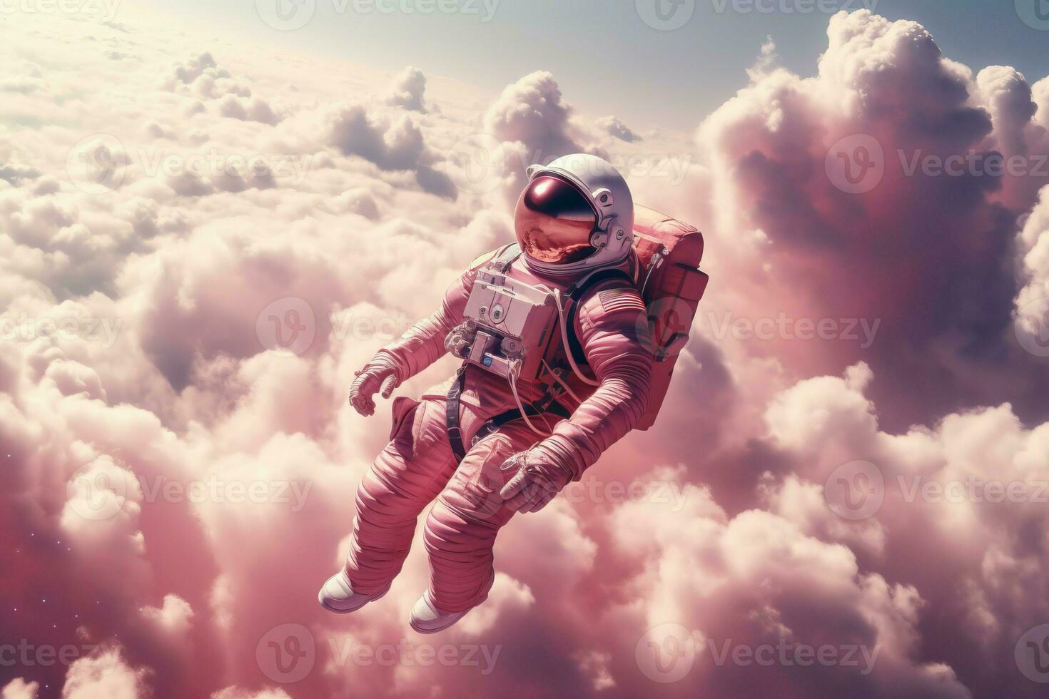 AI generated Astronaut floating pink clouds fiction. Generate Ai photo