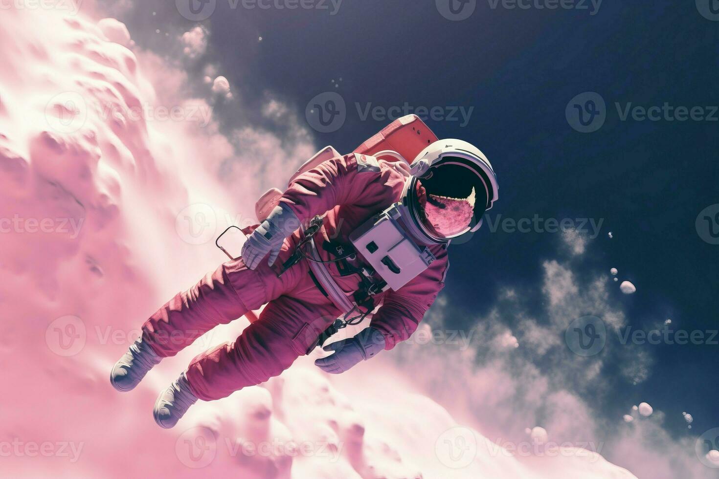 ai generado astronauta flotante rosado nubes galáctico. generar ai foto