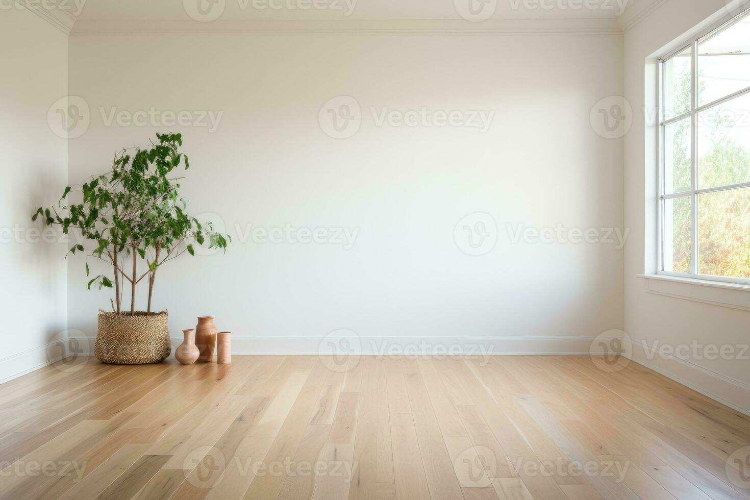 AI Generated Empty room and wall and wooden floor with interesting with glare from the window. Interior background for the presentation. Generative AI photo