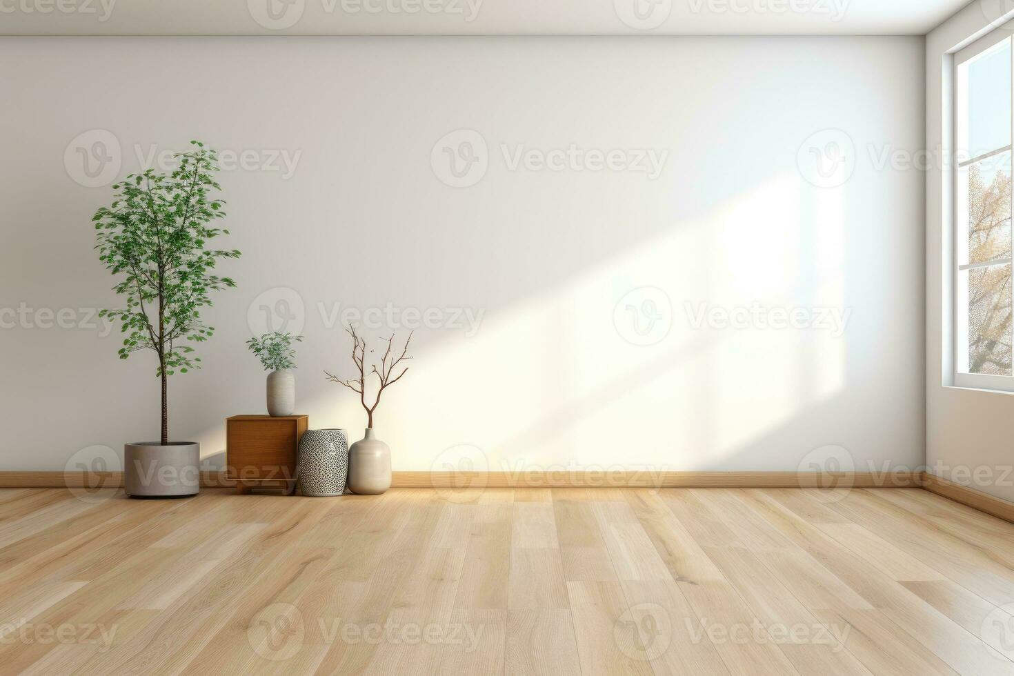 AI Generated Empty room and wall and wooden floor with interesting with glare from the window. Interior background for the presentation. Generative AI photo