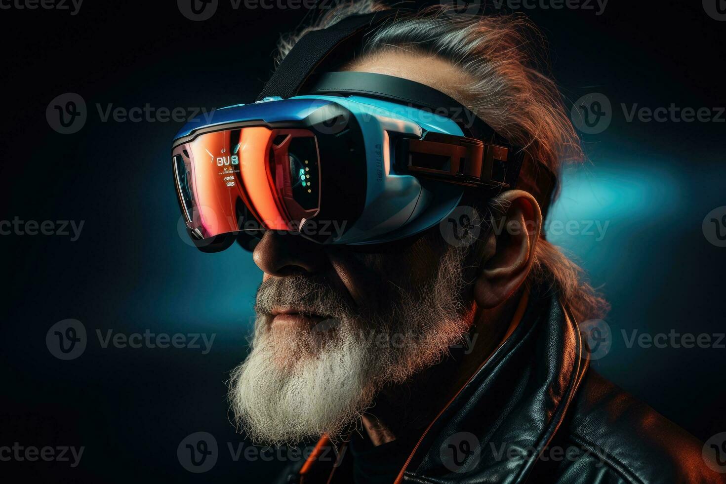 AI Generated A old man wearing VR headset user, surreal world and virtual reality, colorful flowers fields. Generative AI photo