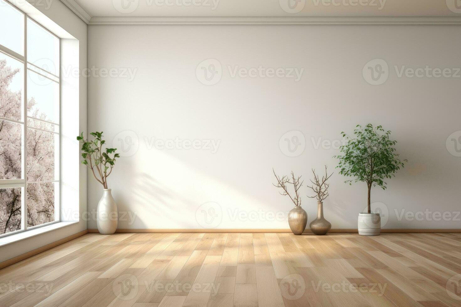 AI Generated Empty room and wall and wooden floor with interesting with glare from the window. Interior background for the presentation. Generative AI photo