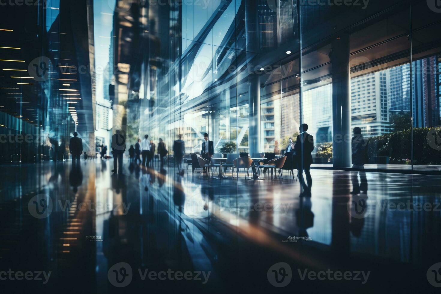 AI Generated Blurred business people walking at modern office. generative ai photo