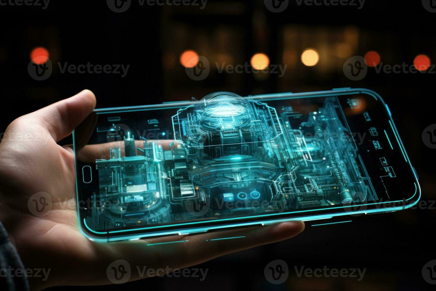 AI Generated close up of smartphone over space, hologram technology. Generative AI photo