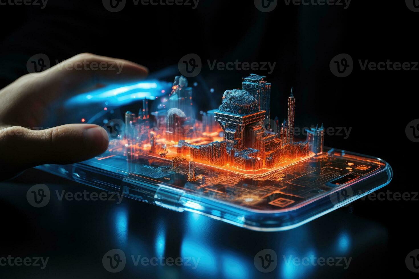 AI Generated close up of smartphone over space, hologram technology. Generative AI photo