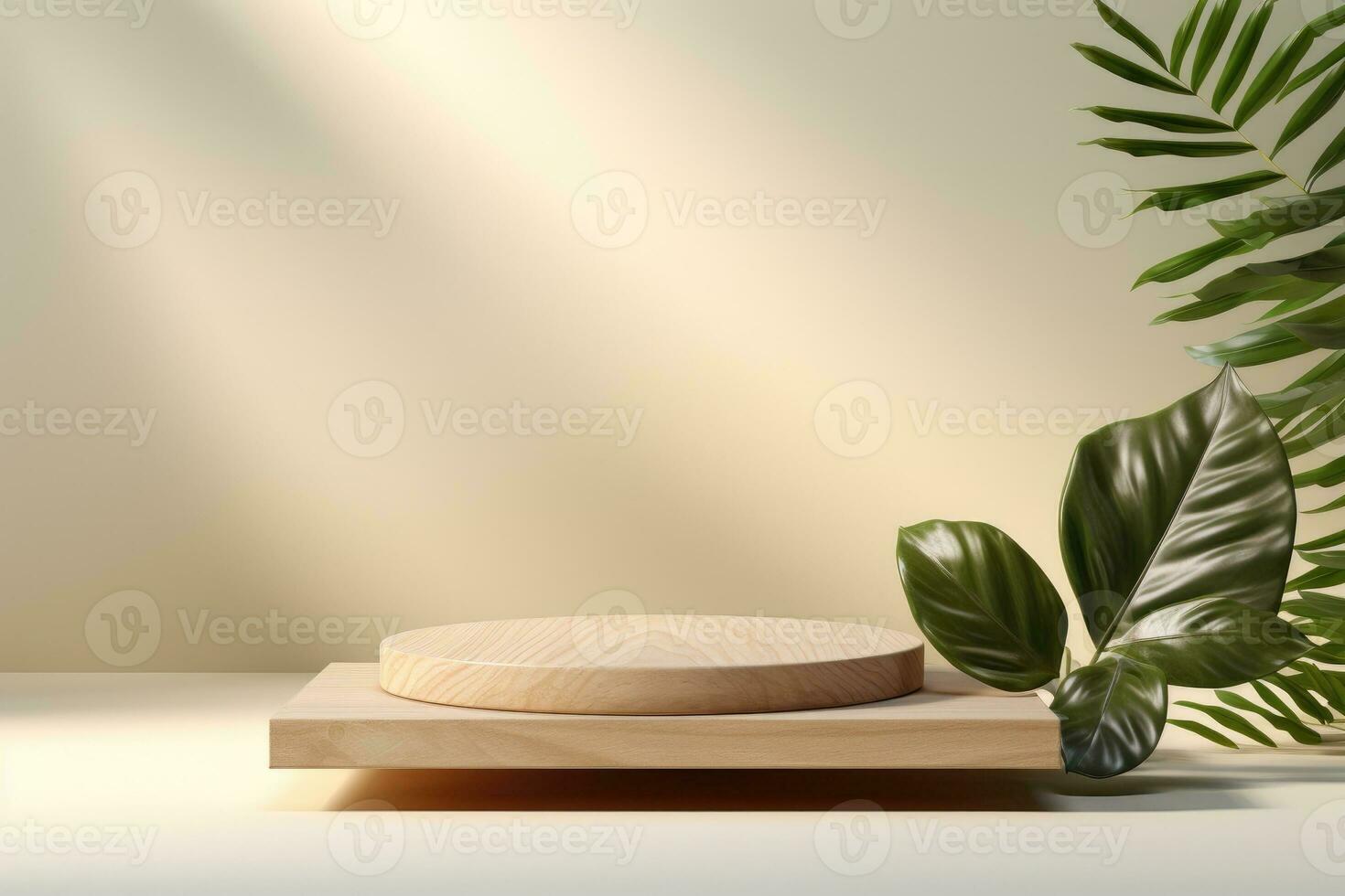 AI Generated Wooden and Nature podium and beautiful lighting. Background for product presentation. Generative AI photo