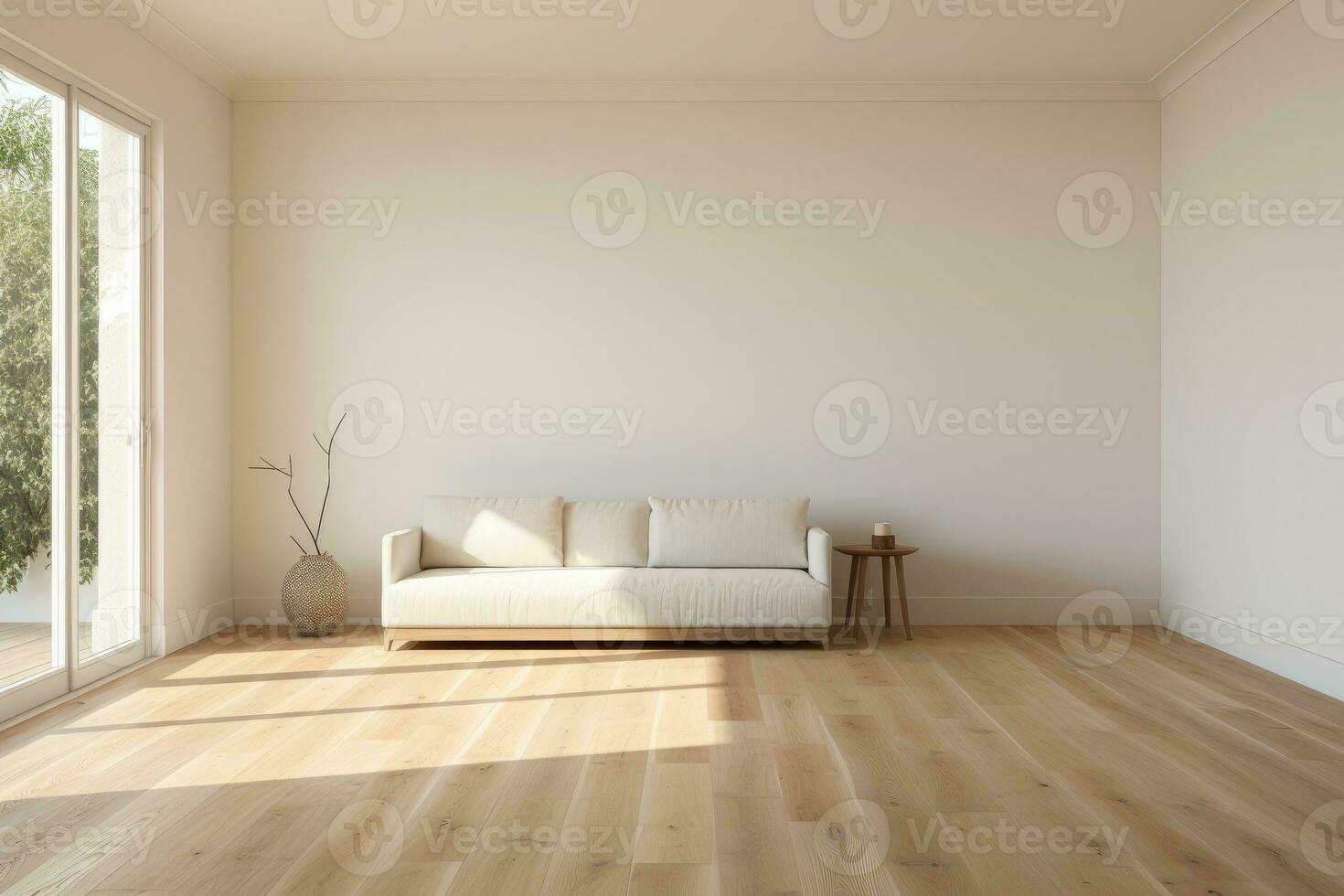 AI Generated Empty room and wall and wooden floor with interesting with glare from the window. Interior background for the presentation. Generative AI photo