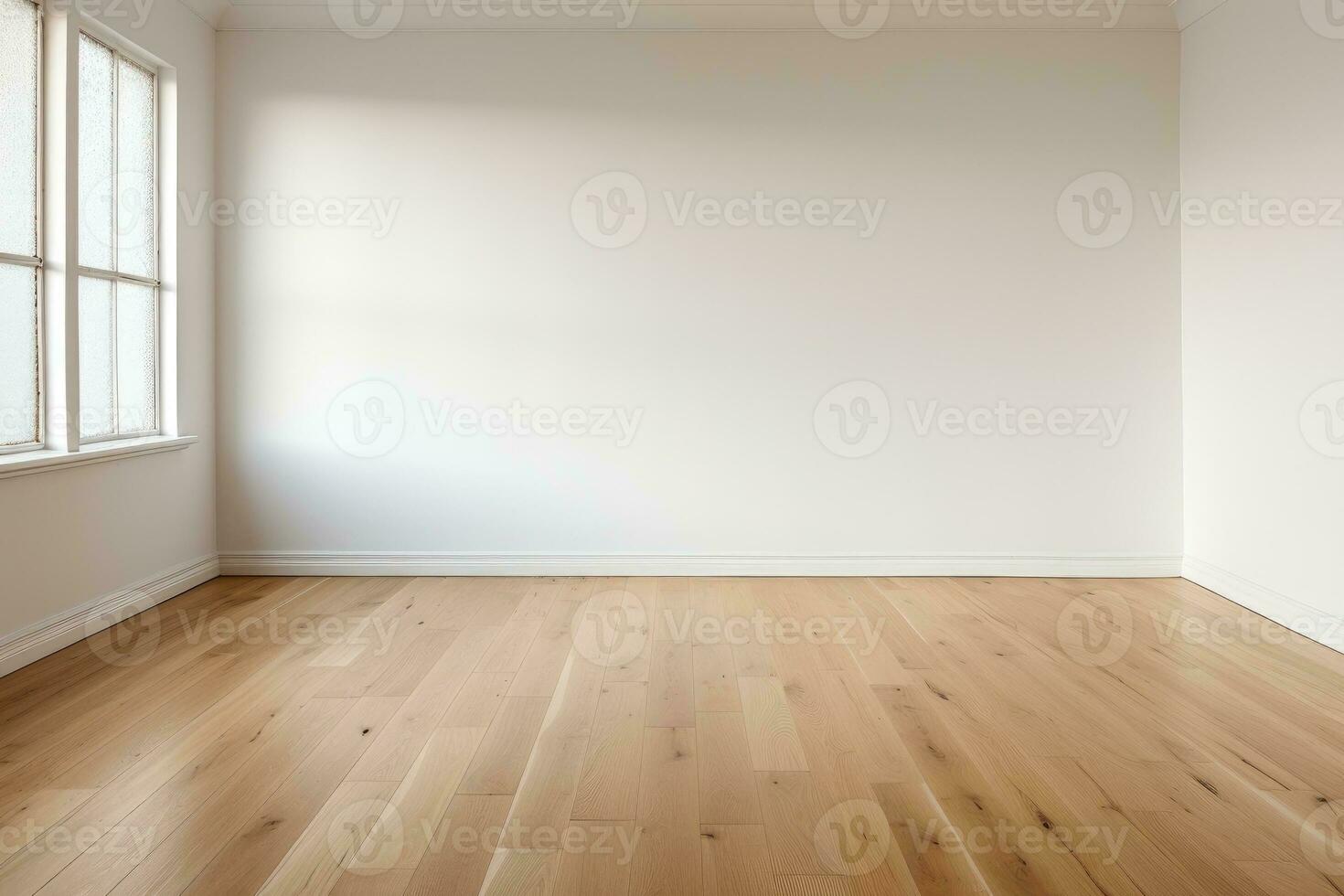 AI Generated Empty room and wall and wooden floor with interesting with glare from the window. Interior background for the presentation. Generative AI photo