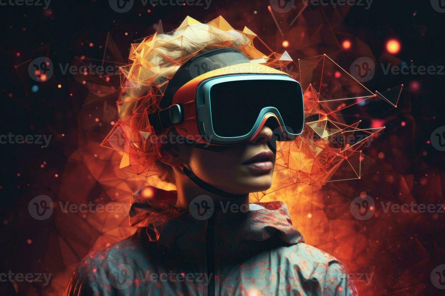 AI Generated A woman wearing VR headset user, surreal world and virtual reality, colorful flowers fields. Generative AI photo