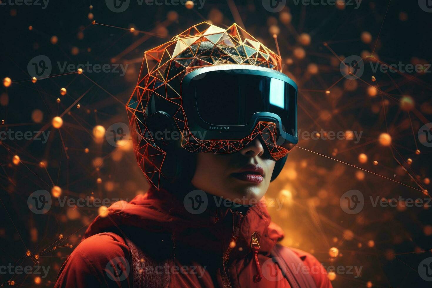 ai generado un mujer vistiendo vr auriculares usuario, surrealista mundo y virtual realidad, vistoso flores campos. generativo ai foto